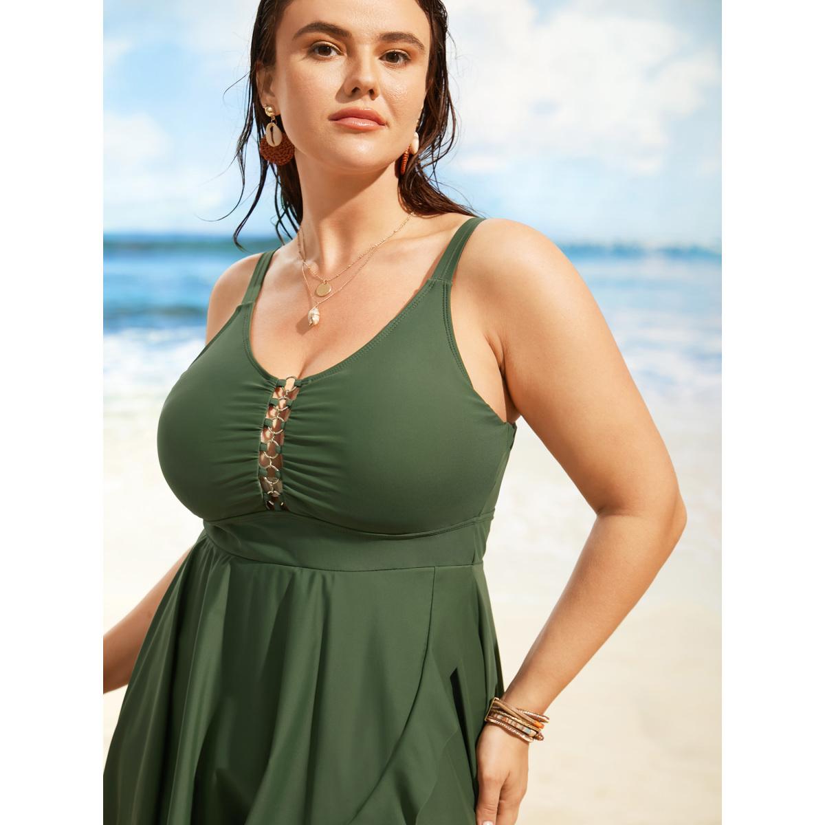 Plus Size Solid O Ring Buckle Detail Ruffle Trim Swim Dress Women's Swimwear Moss Beach Bodycon Heart neckline High stretch Curve Swim Dresses BloomChic 26/4X Product Image