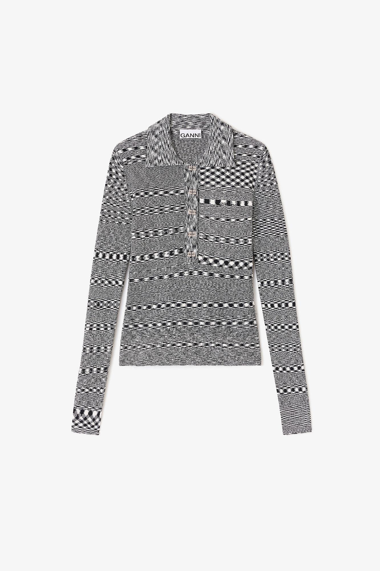 Grey Striped Knitted Polo Shirt Product Image