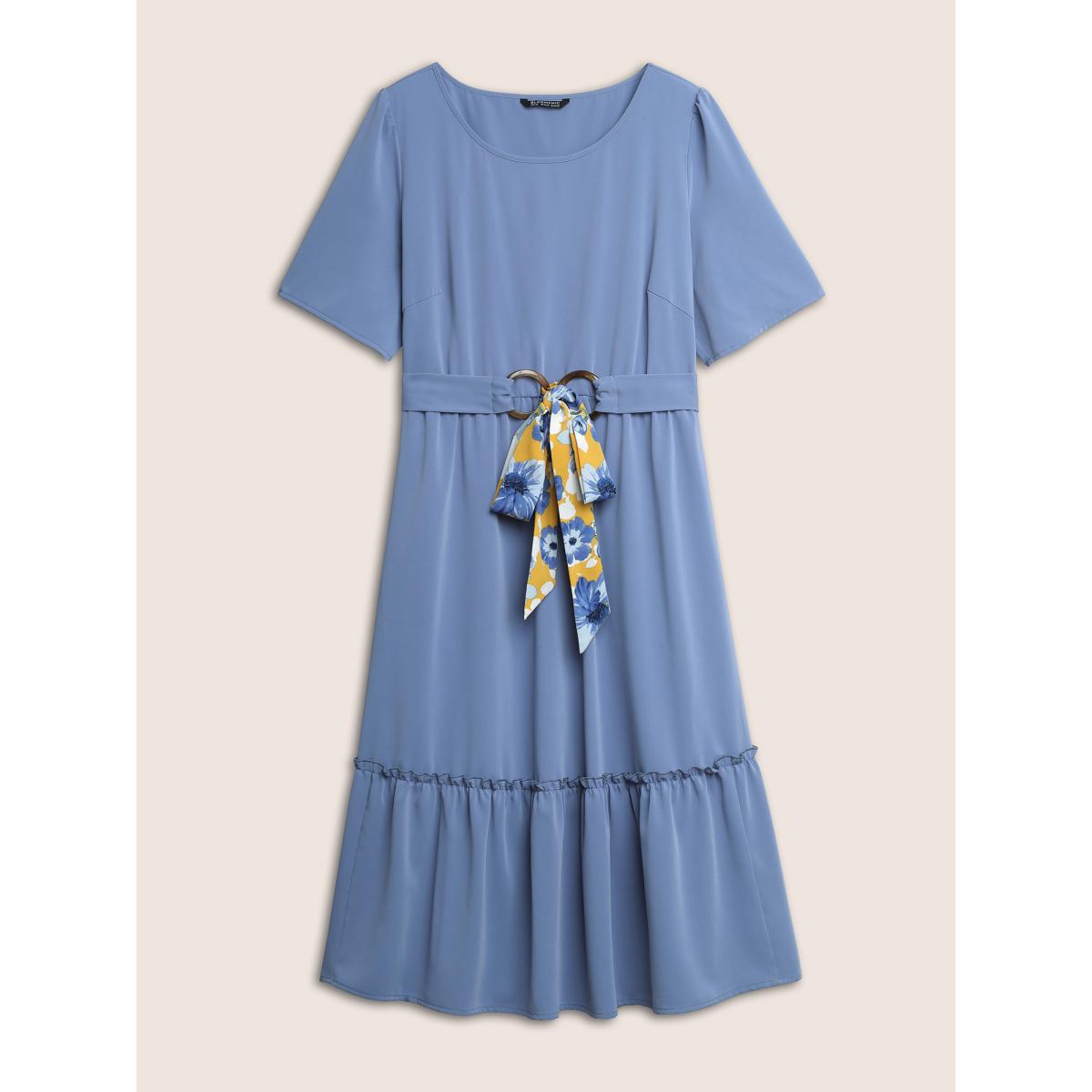 Plus Size Solid Frill Trim Buckle Detail Belted Dress Stone Women Elegant Non Round Neck Short sleeve Curvy Midi Dress BloomChic 30/6X Product Image