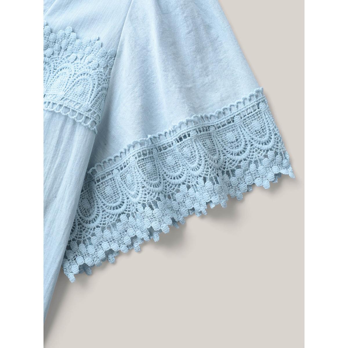 Plus Size LightBlue Lace Trim Spliced Solid Blouse Women Romantic Short sleeve Square Neck Elegant Blouses BloomChic 18-20/2X Product Image