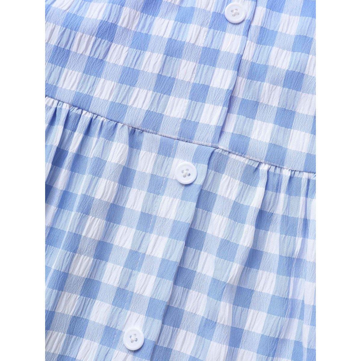 Plus Size Gingham Button Detail Ruffle Layered Hem Dress LightBlue Women Casual Button V-neck Short sleeve Curvy BloomChic 30/6X Product Image