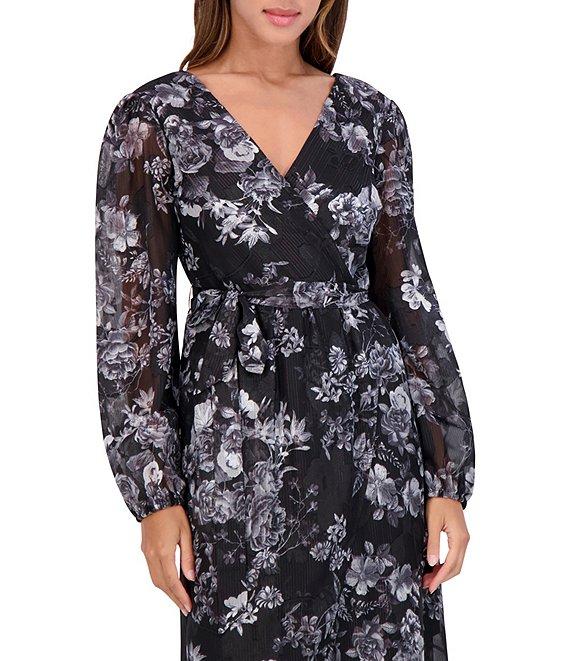 SIENA V-Neck Long Sleeves Floral Print Chiffon Faux Wrap Midi Dress Product Image