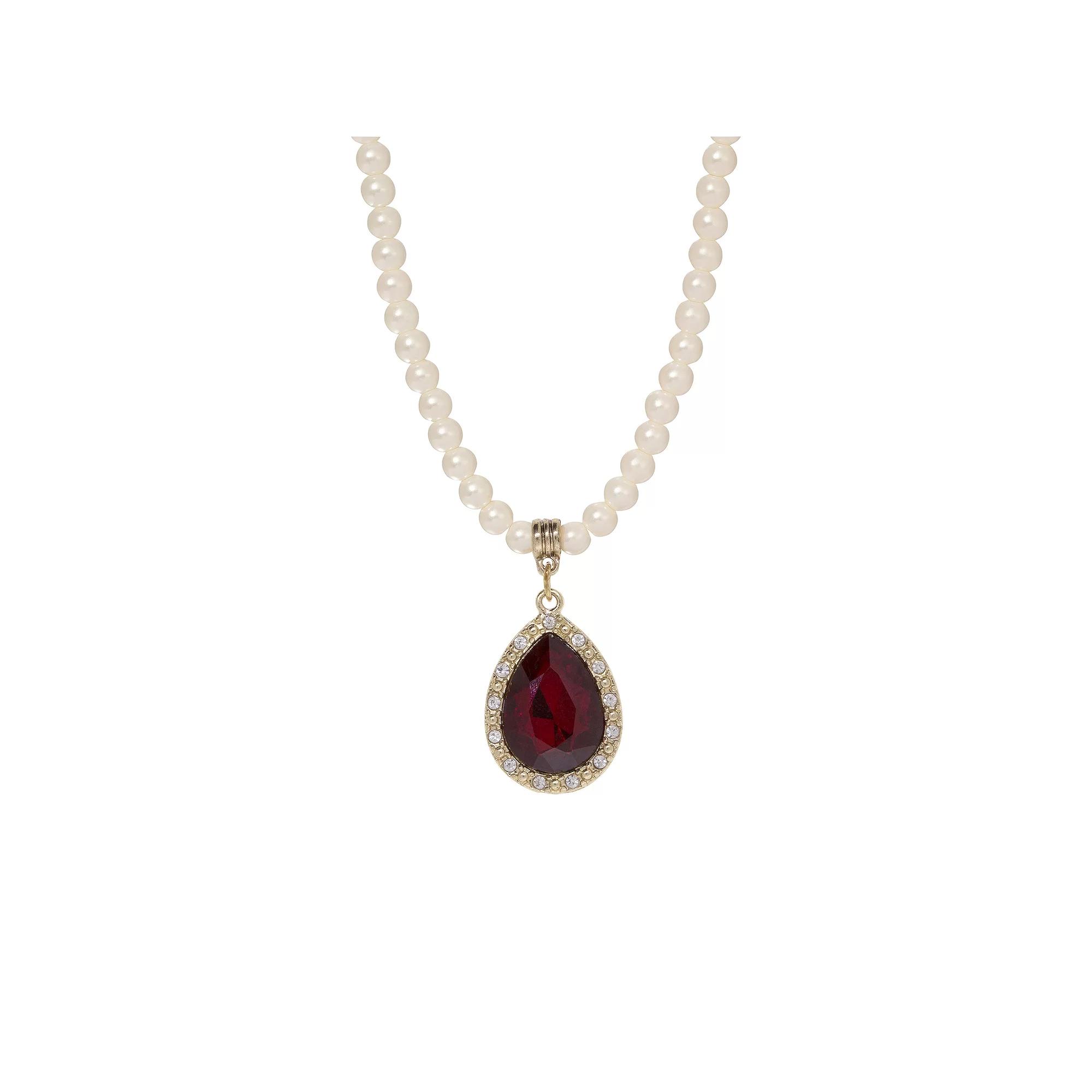 1928 Faux Pearl and Simulated Crystal Teardrop Pendant Necklace, Women's, Red Product Image