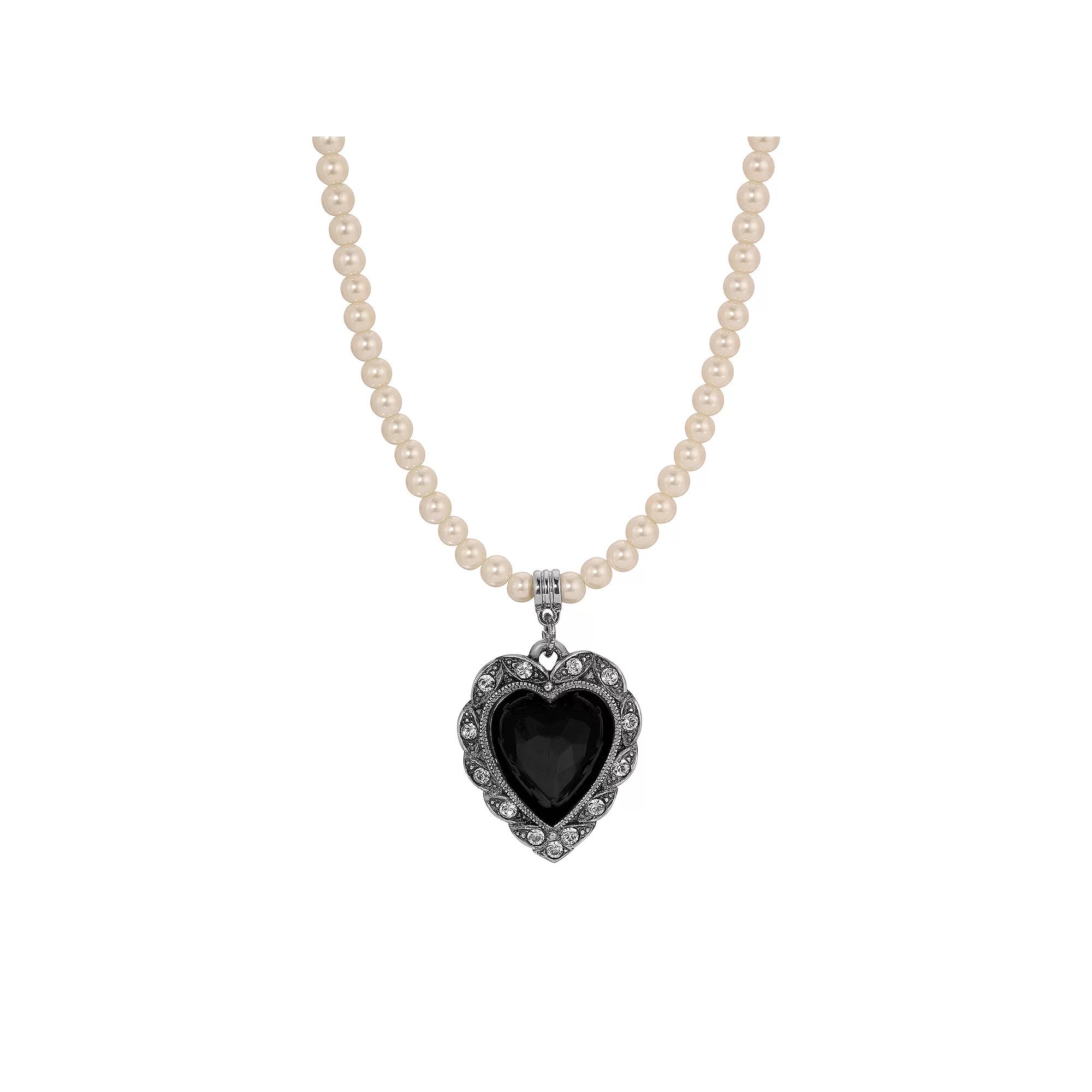 1928 Gold Tone Crystal Heart Necklace, Women's, Black Product Image
