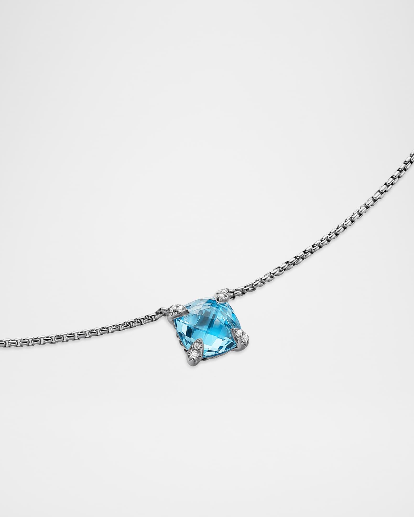 Chatelaine Cushion Pendant Necklace with Gemstone and Diamonds in Silver, 8mm, 16-18"L Product Image
