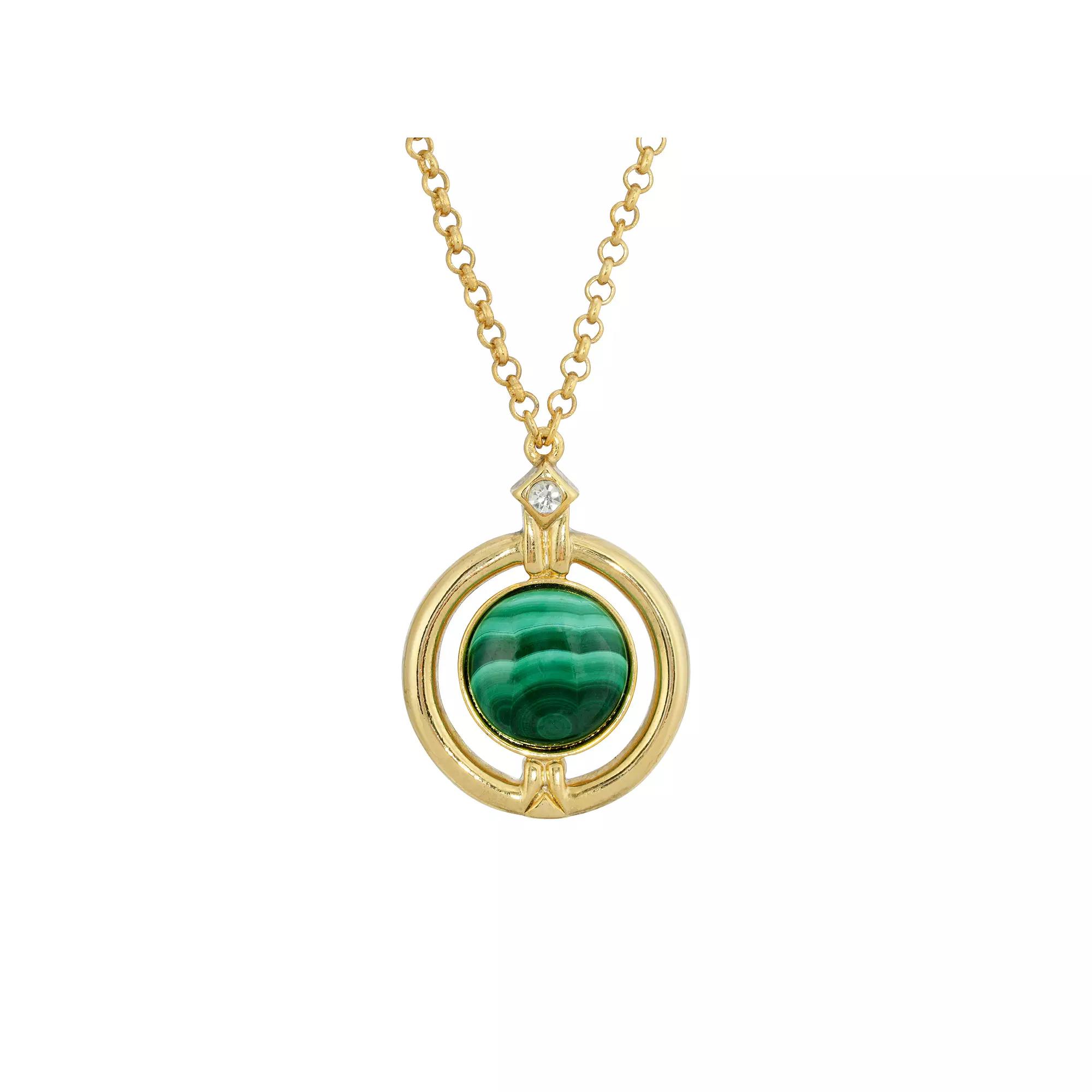 1928 Gold Tone Round Stone Pendant Necklace, Women's, Size: 20", Green Product Image