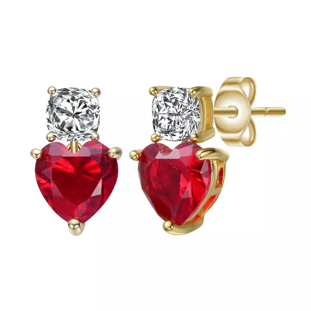 Gold Tone Cubic Zirconia Two-Stone Heart Earrings, Women's, Red Product Image