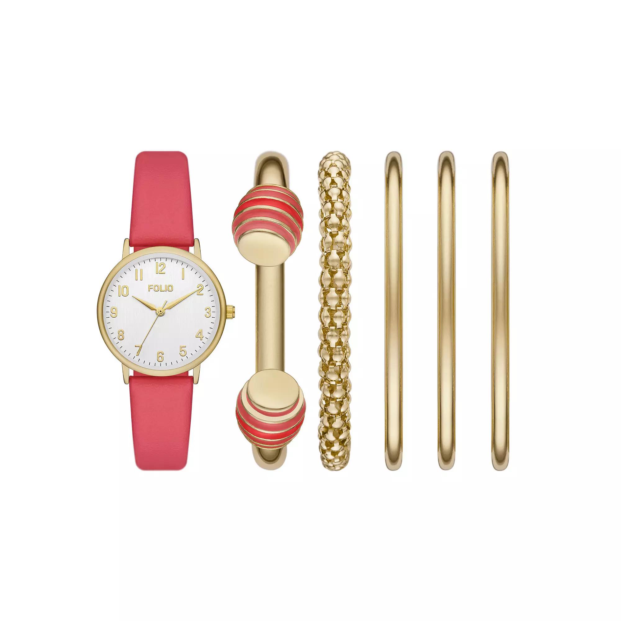 Folio Women's Pink Strap Watch & Stackable Bracelet Set, Size: Medium Product Image