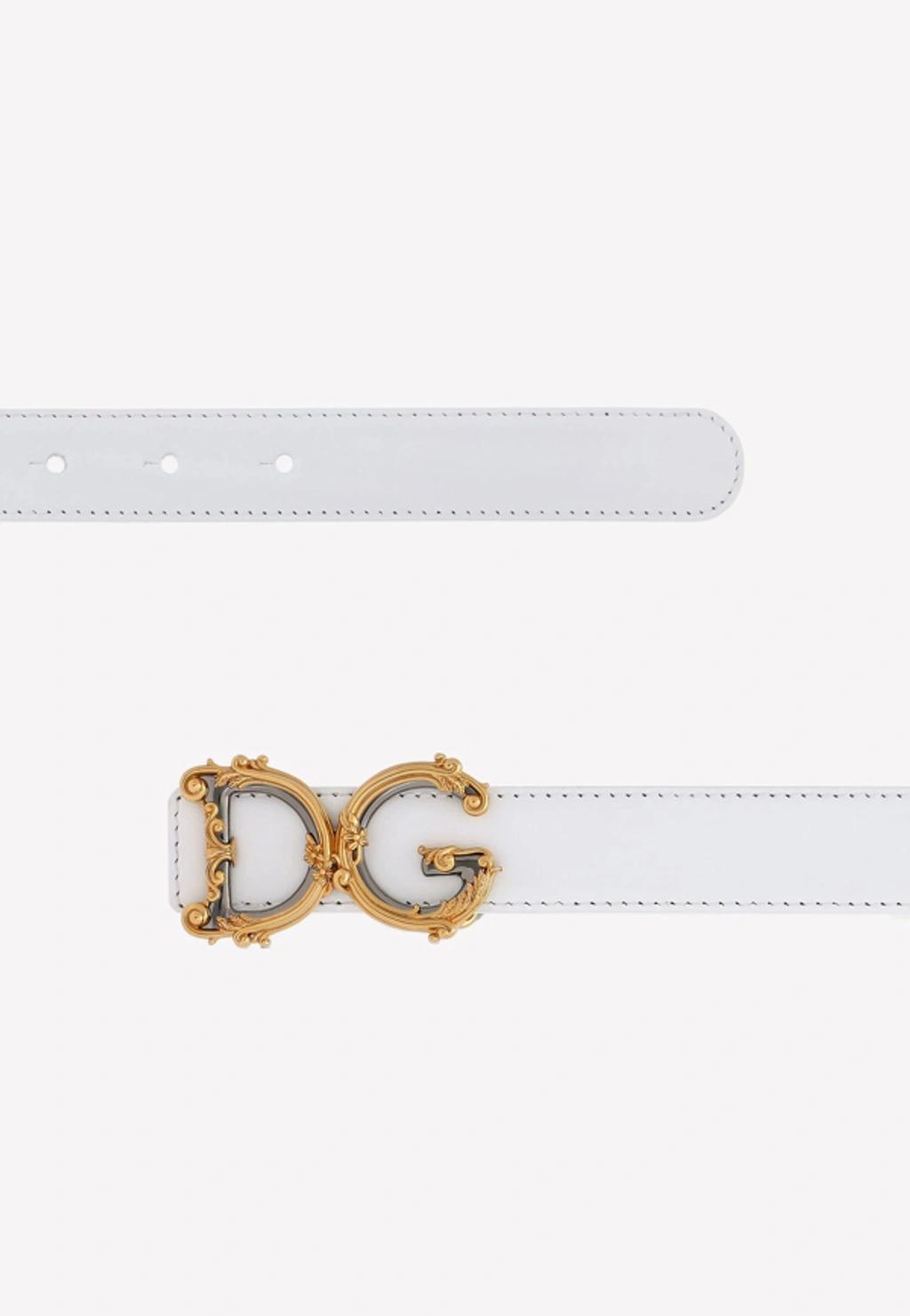 DOLCE & GABBANA Baroque Dg Logo Buckle Belt In Calf Leather In White Product Image
