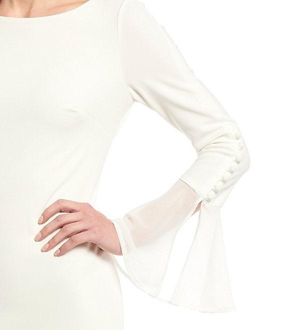 Calvin Klein Chiffon Long Sheer Bell Sleeve Round Neck Sheath Dress Product Image