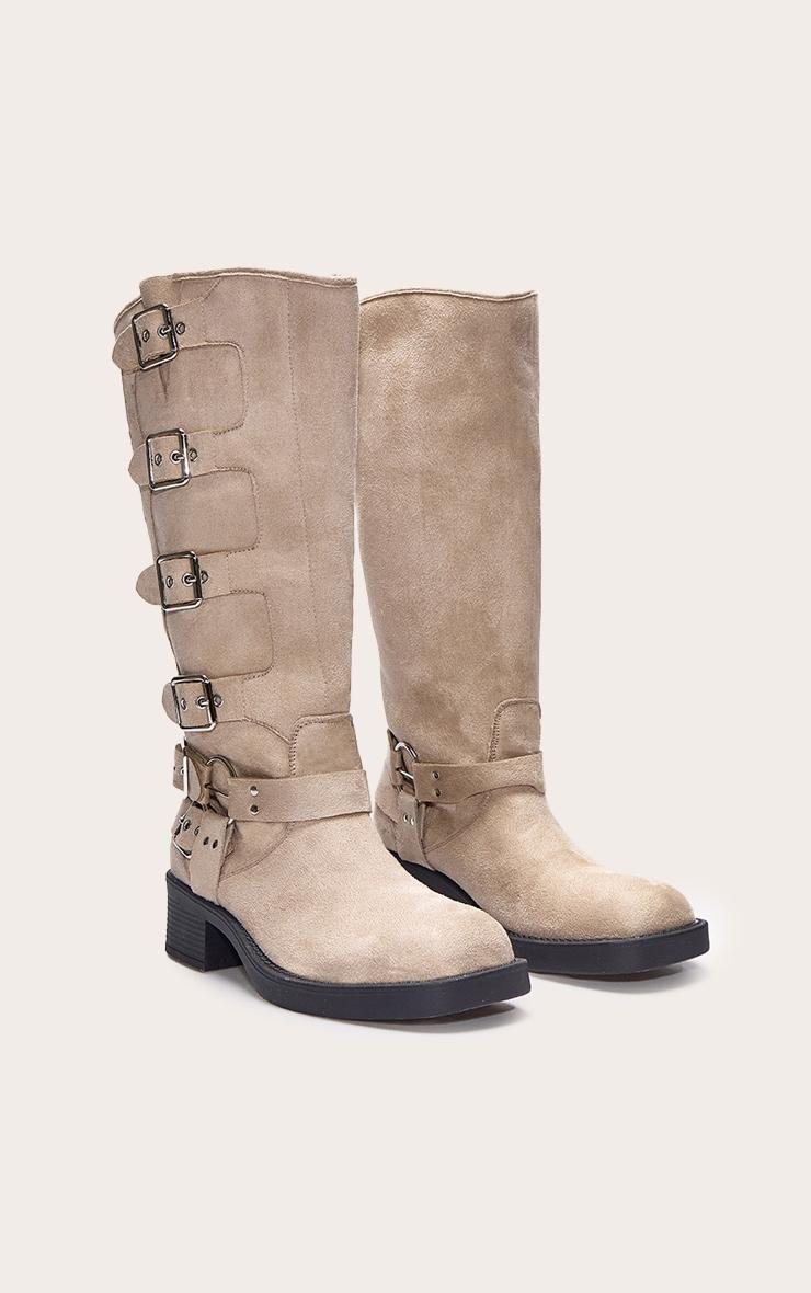 Cream Faux Suede Round Toe Multi Buckle Harness Knee High Boots Product Image