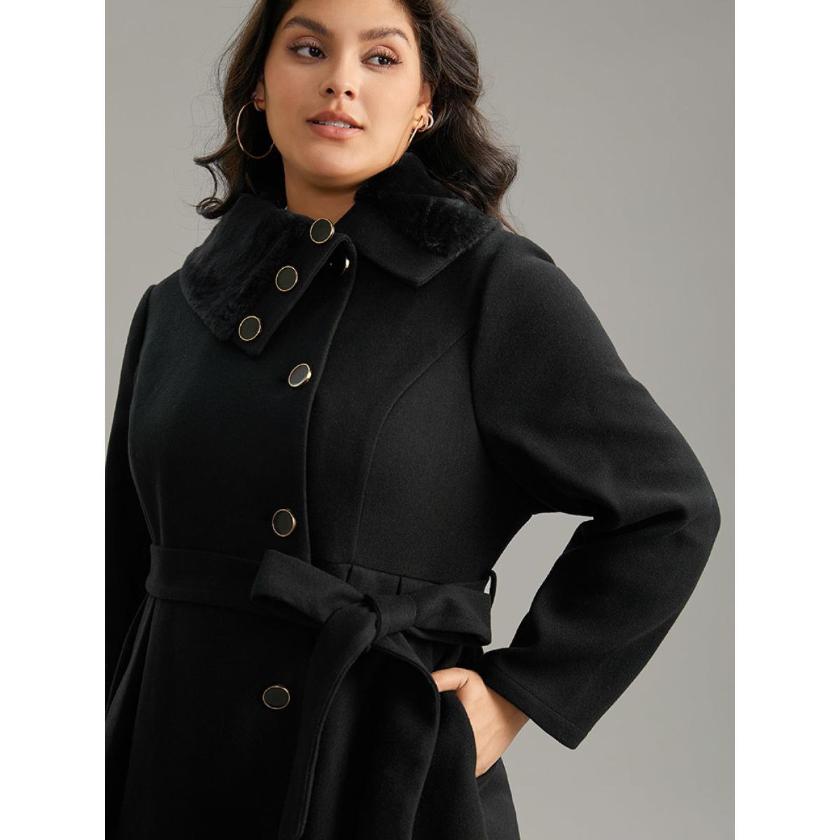 Plus Size Fuzzy Patchwork Knot Belted Button Up Pocket Coat Women Black Casual Plain Ladies Dailywear Winter Coats BloomChic 14-16/1X Product Image