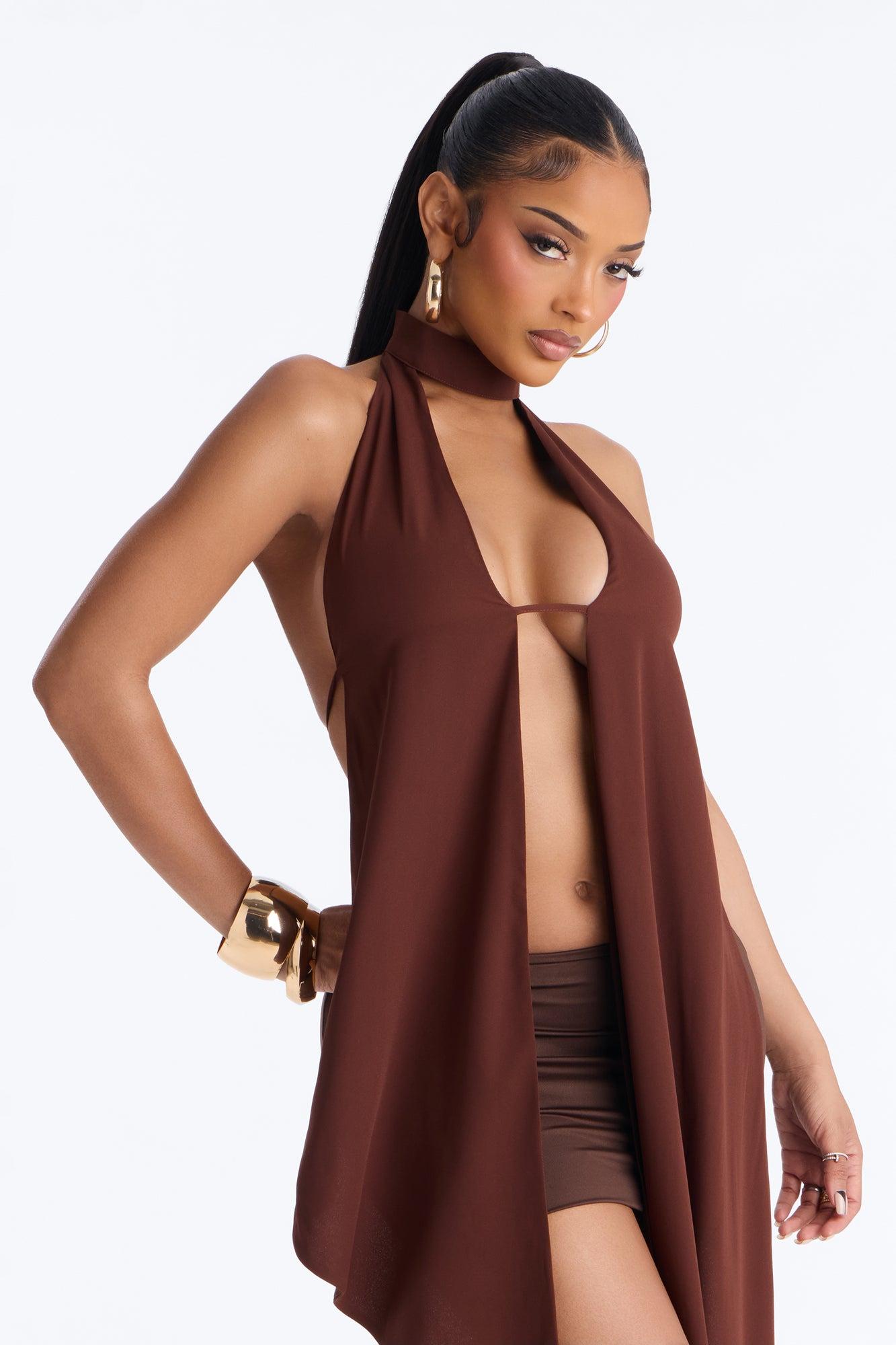 Hearts Over Hustle Draped Chiffon Halter Top - Chocolate Female Product Image