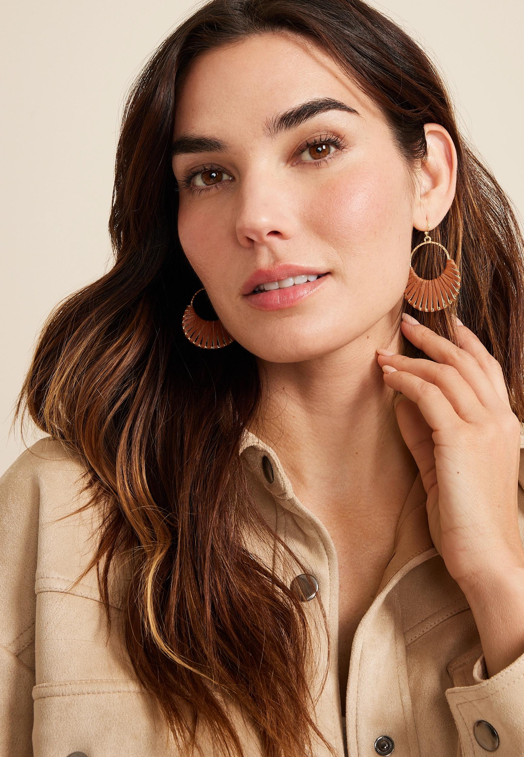 Faux Leather Wrapped Crescent Drop Earrings Product Image