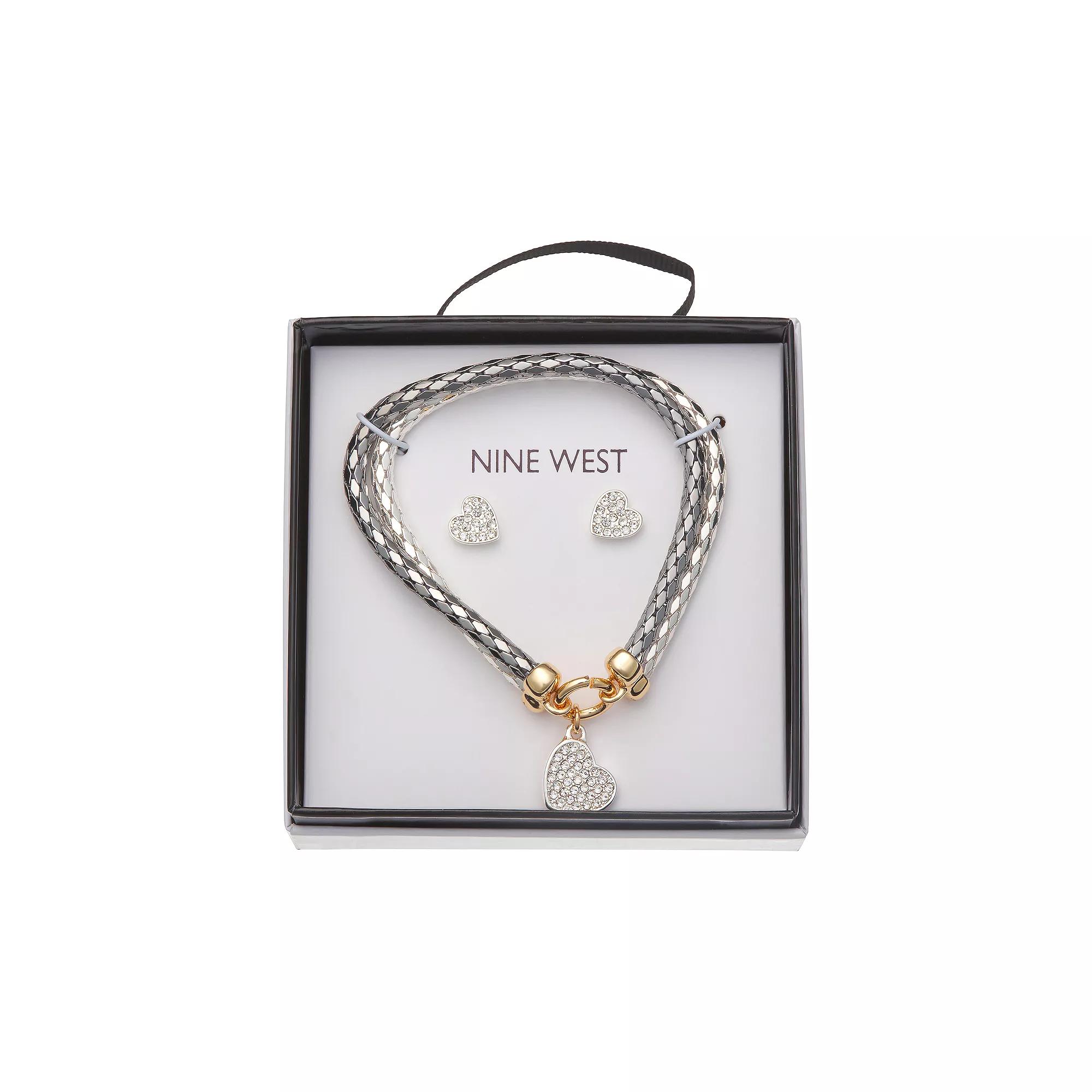 Nine West Tri-Tone 2-Row Pave Heart Bracelet & Heart Stud Earrings Set, Women's, Multi Product Image