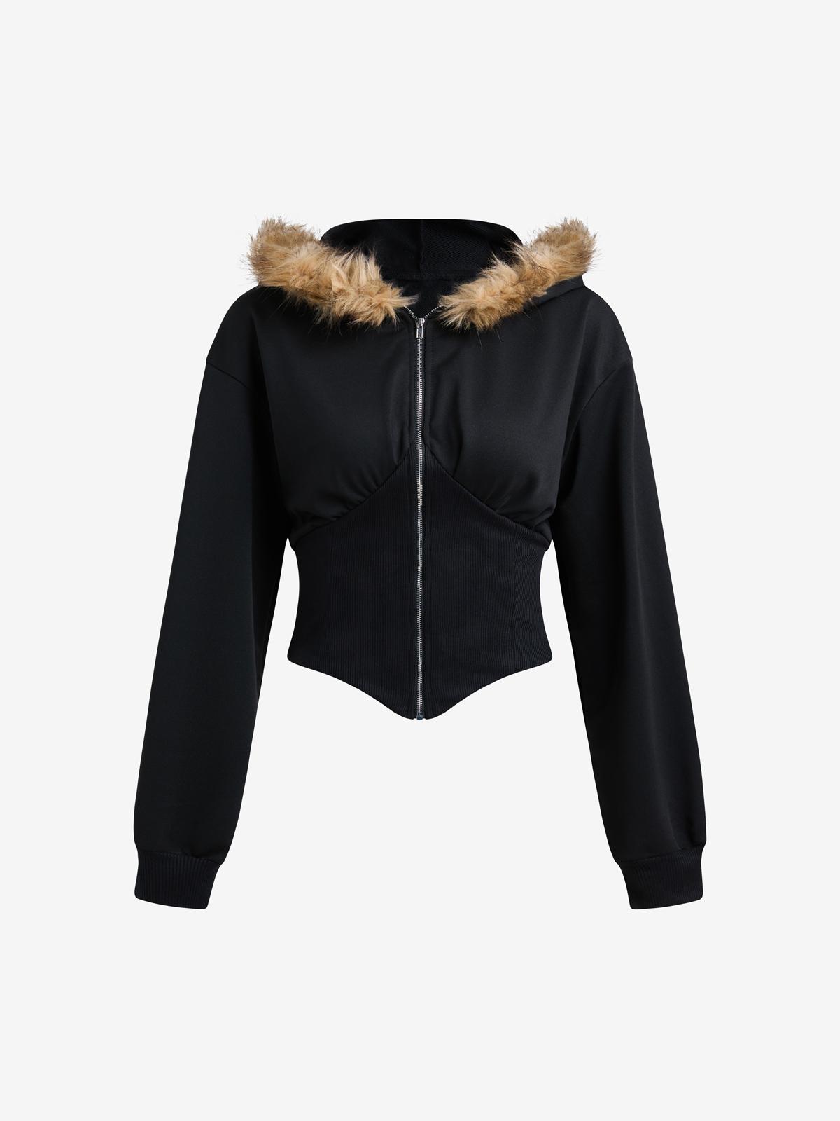 Retro Street-Style Hooded Jacket With Fur Collar And Patchwork Details Product Image
