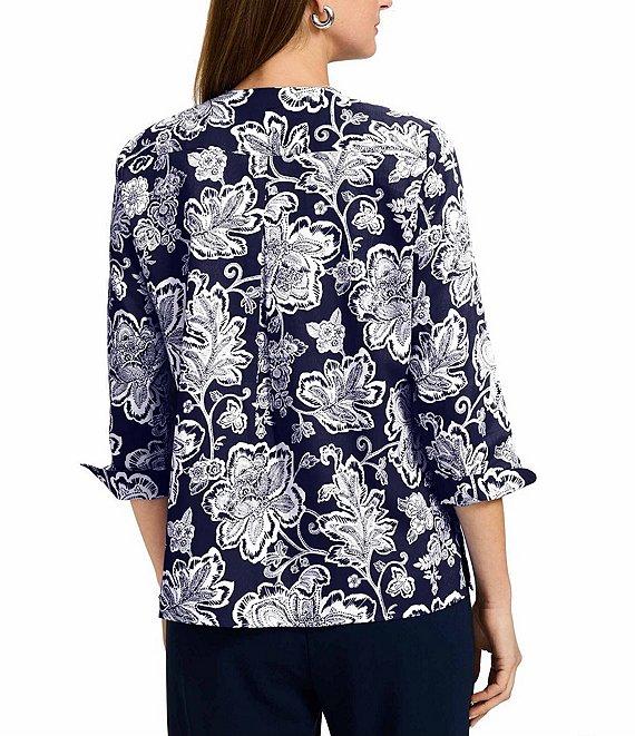 Foxcroft Vena Wrinkle-Free Floral Cotton Sateen Split V-Neck 3/4 Sleeve Button-Front Shirt Product Image