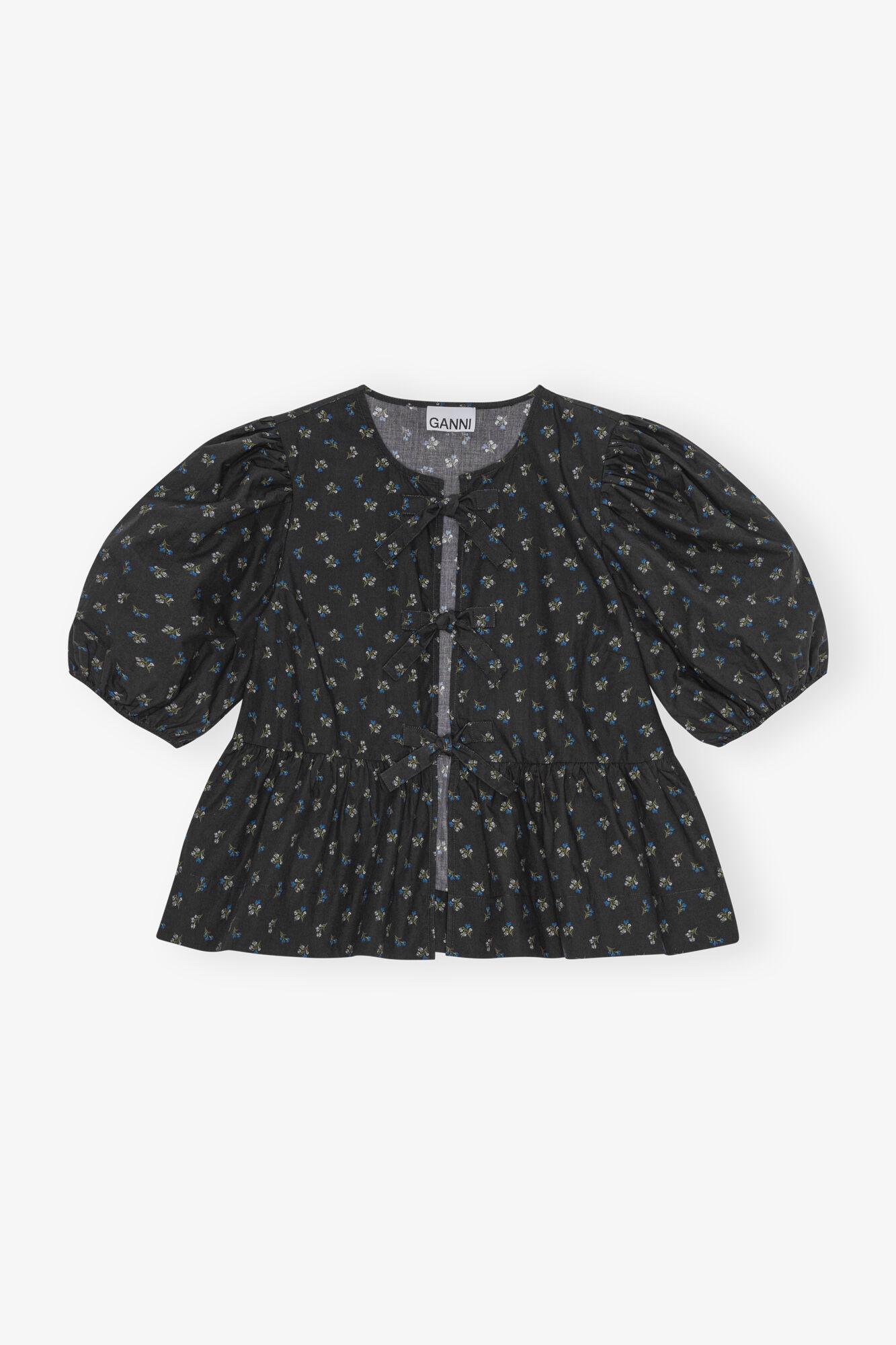 Black Printed Cotton Peplum Blouse Product Image