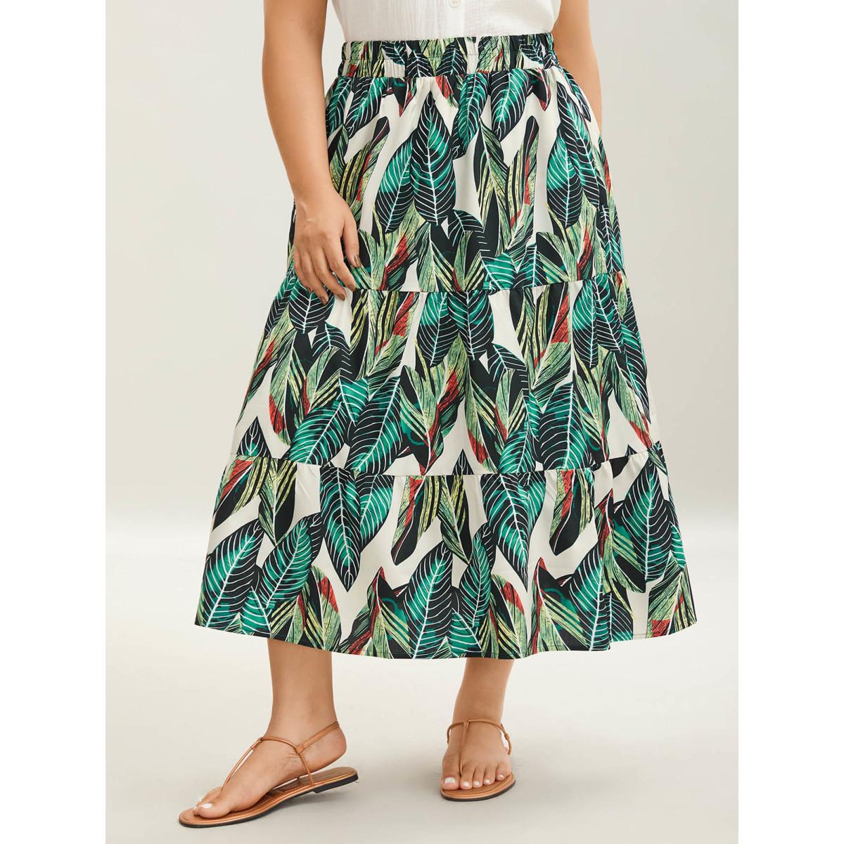 Plus Size Tropical Floral Pattern Tiered Midi Skirt Women Emerald Elegant Bodycon Low stretch Side seam pocket Belt Everyday Skirts BloomChic 26/4X Product Image