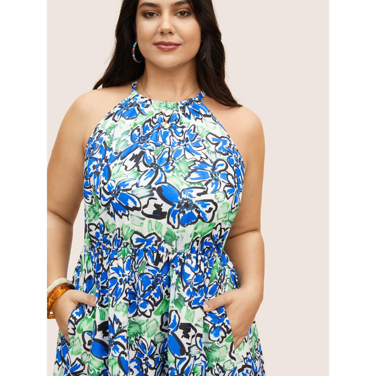 Plus Size Floral Print Elastic Waist Pocket Halter Neck Dress Mint Women Resort Non Halter neck Sleeveless Curvy BloomChic 22-24/3X Product Image