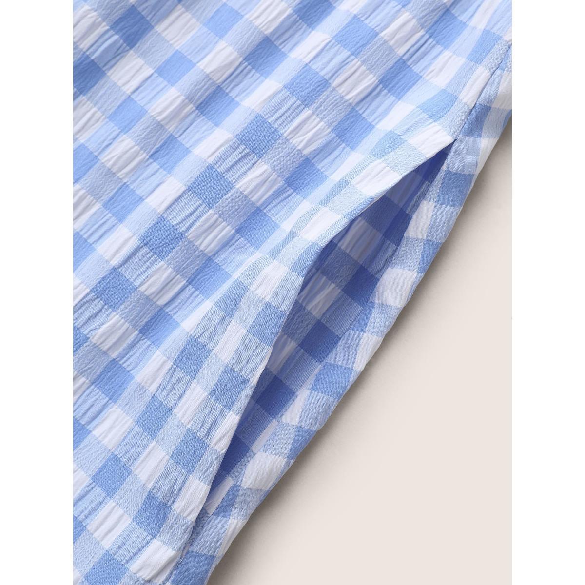 Plus Size Gingham Button Detail Ruffle Layered Hem Dress LightBlue Women Casual Button V-neck Short sleeve Curvy BloomChic 30/6X Product Image