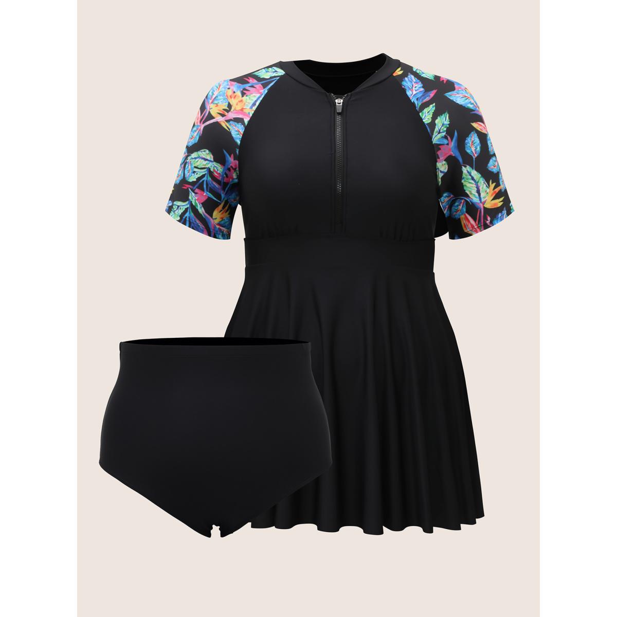 Plus Size Tropical Print Half Zip Raglan Sleeve Swim Dress Women's Swimwear Black Resort Bodycon Stand-up collar High stretch Curve Swim Dresses BloomChic 26/4X Product Image