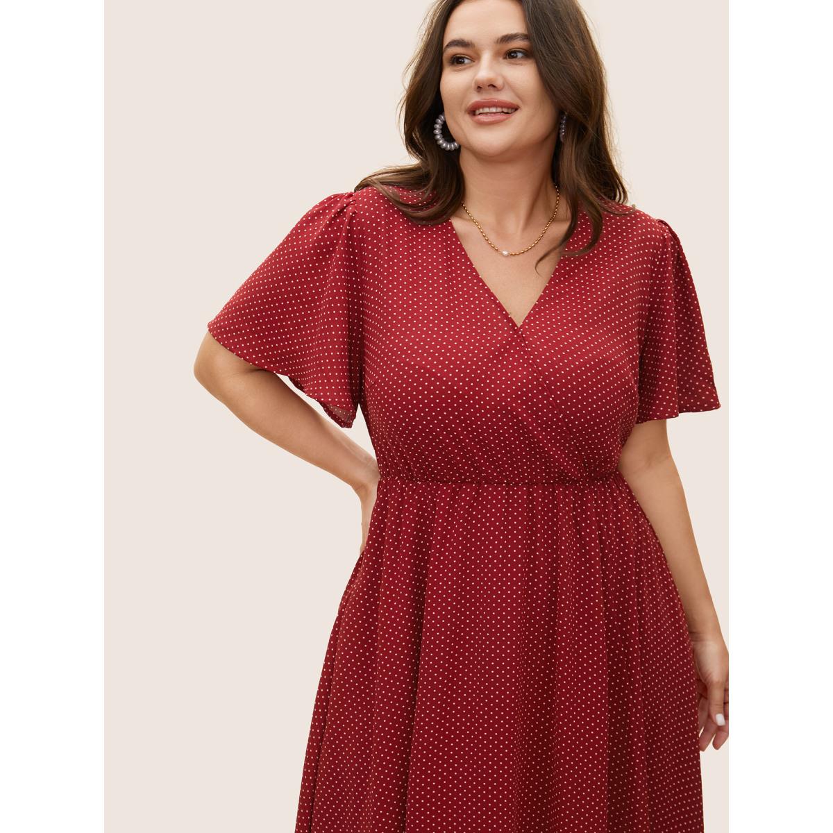 Plus Size Polka Dot Overlap Collar Split Hem Dress Scarlet Women Elegant Ruffles Overlap Collar Short sleeve Curvy BloomChic 12/L Product Image