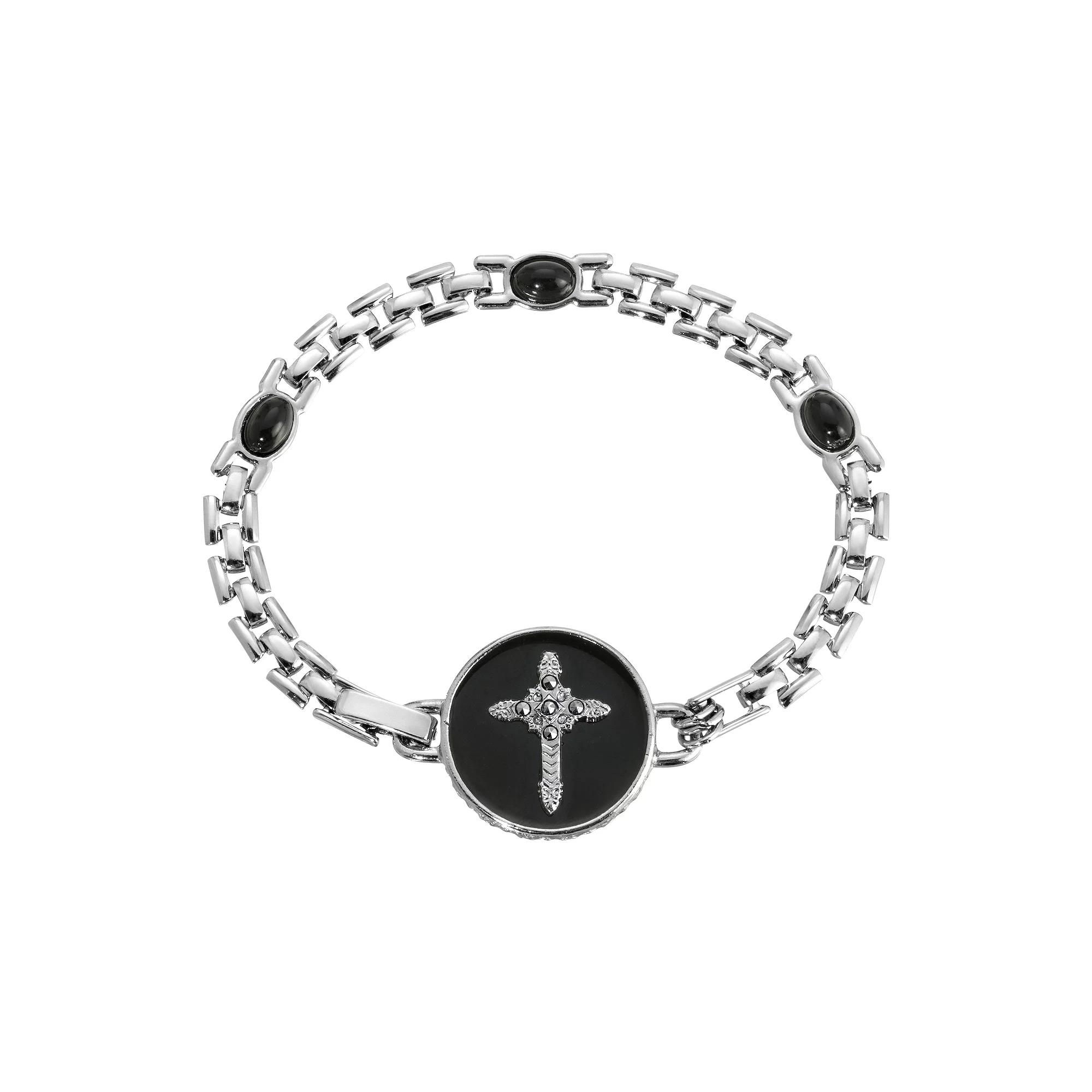 Symbols of Faith Round Black Enamel Cross Link Bracelet, Womens Product Image