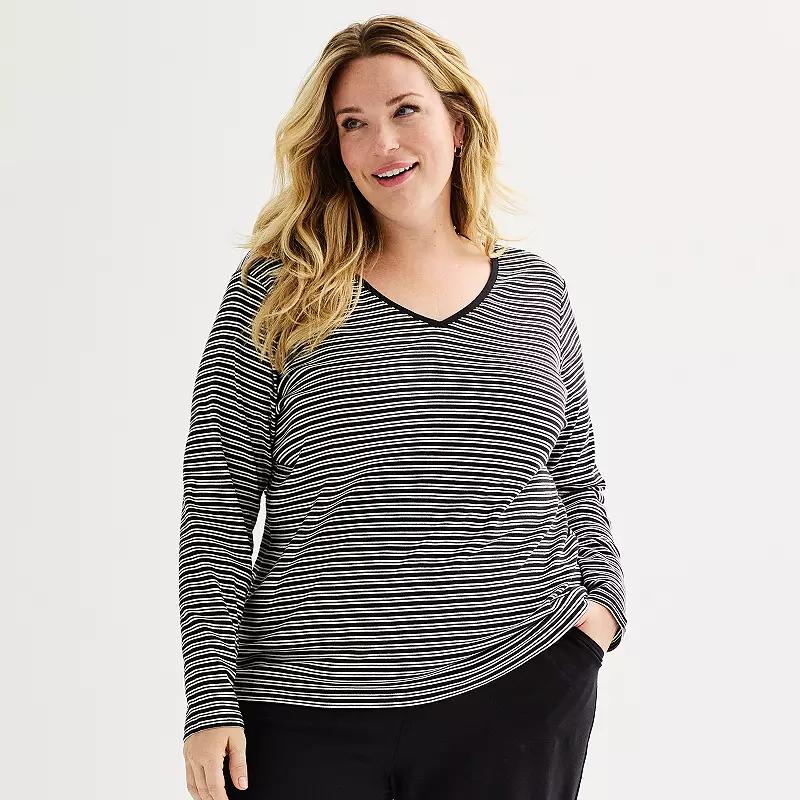 Plus Size Croft & Barrow® Essential V-Neck Top, Women's, Size: 1XL, Black Neat Stripe Product Image
