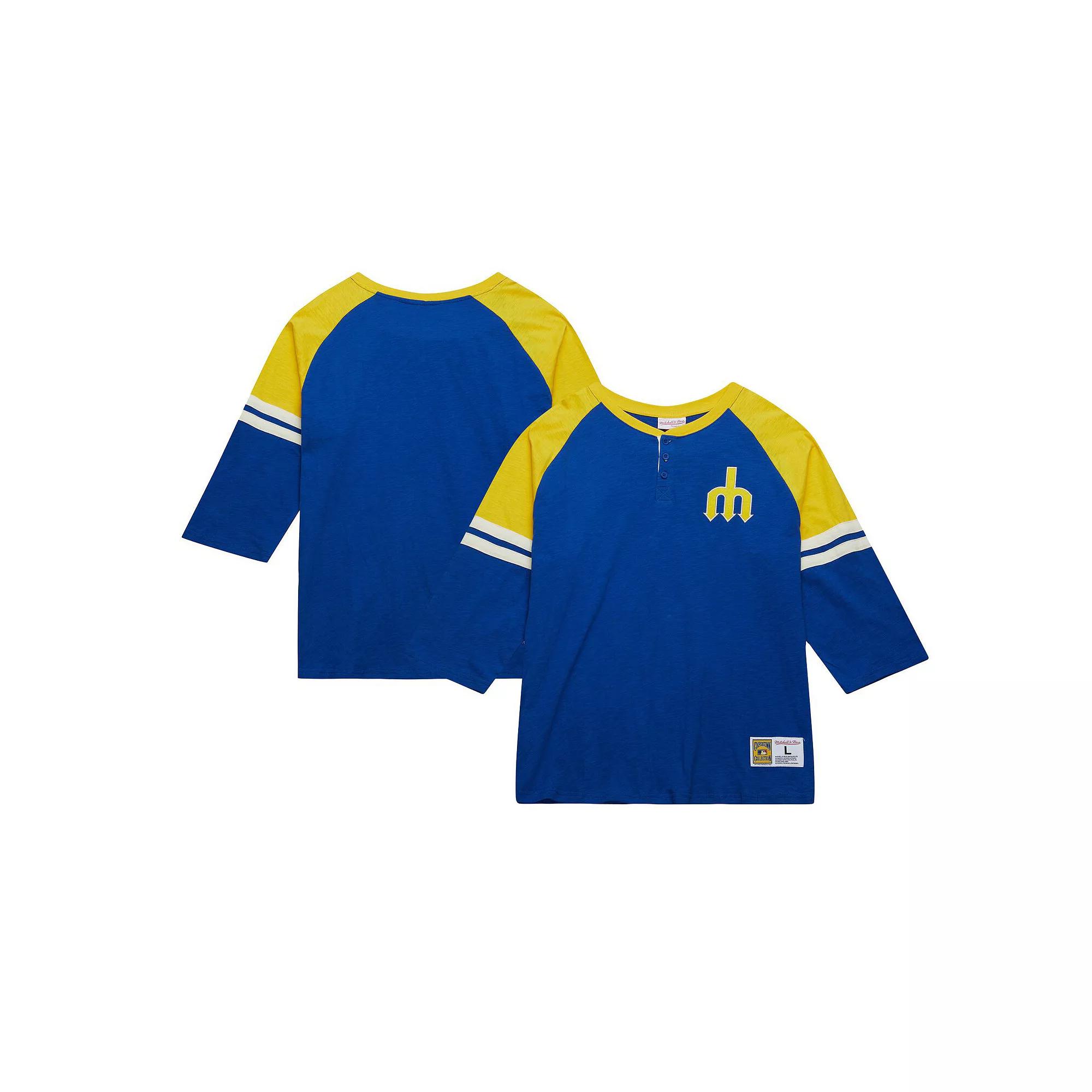 Men's Mitchell & Ness Royal Seattle Mariners Cooperstown Collection Legendary Raglan Slub Henley 3/4-Sleeve T-Shirt, Size: XL, Blue Product Image