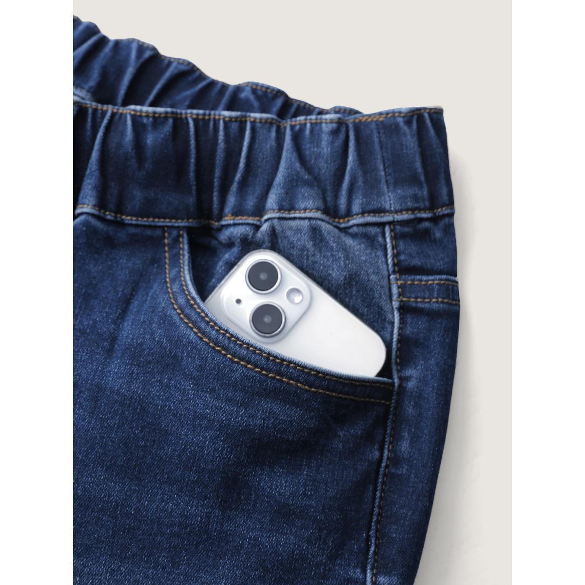 Plus Size Stretchy Waist Drawstring Wide-Leg Jeans Women Midblue Leisure Medium stretch Slanted pocket Jeans BloomChic 26/4X Product Image