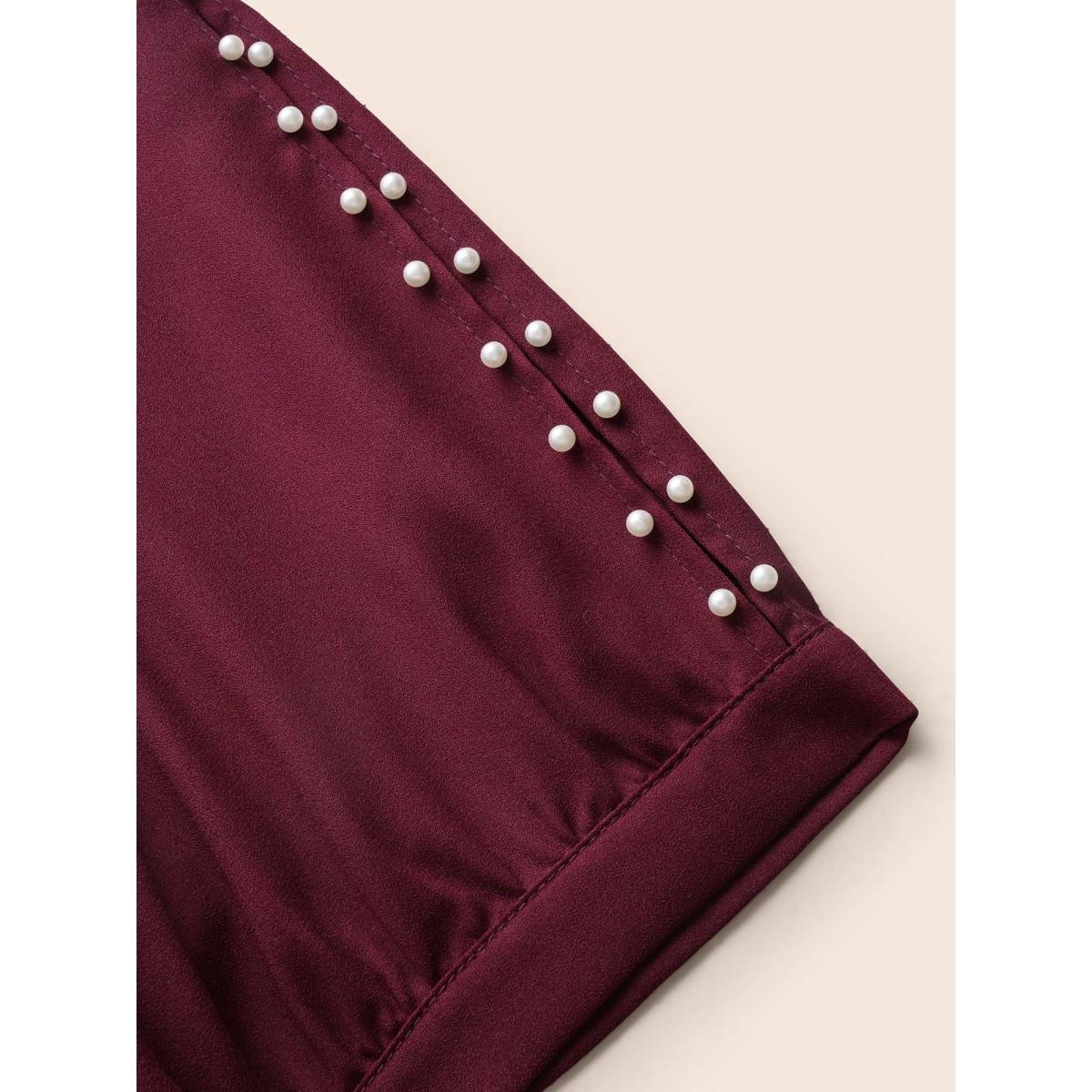 Plus Size Burgundy Round Neck Pearl Beaded Cut Out Blouse Women Elegant Short sleeve Round Neck Everyday Blouses BloomChic 30/6X Product Image