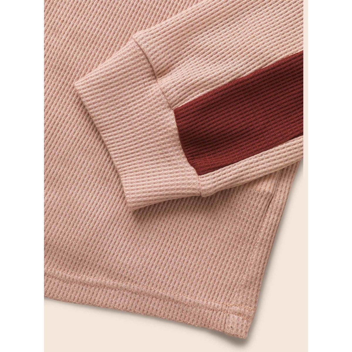 Plus Size Waffle Knit Contrast Patchwork T-shirt Dirtypink Women Elegant Texture Round Neck Everyday T-shirts BloomChic 12/L Product Image