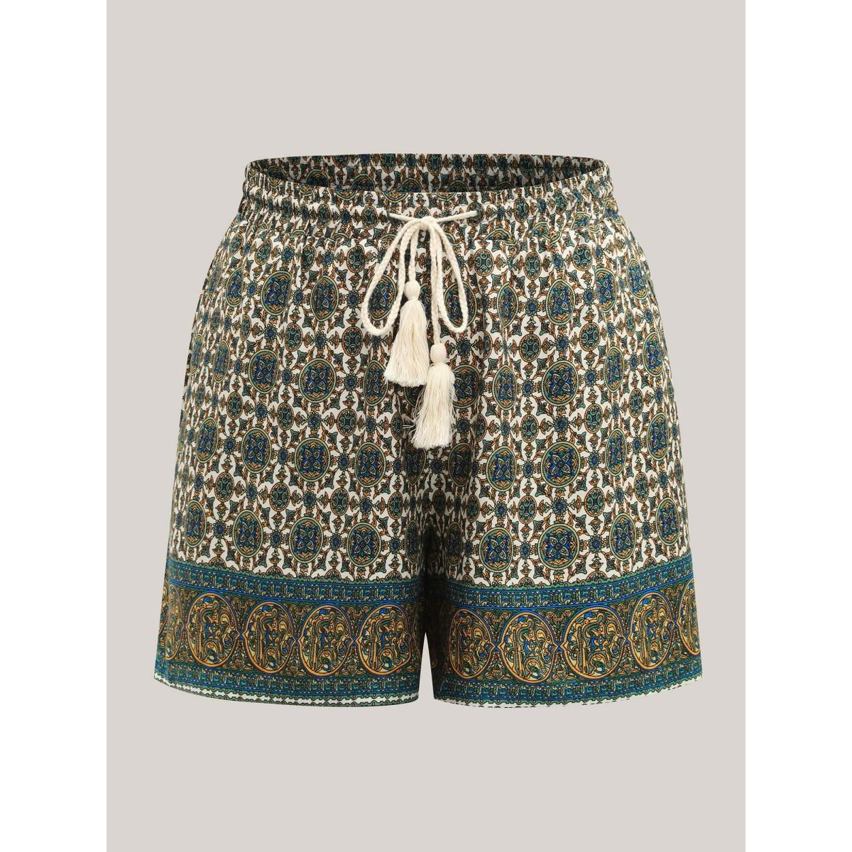 Plus Size Boho Print Tassel Straight-Leg Shorts Women Emerald Boho Drawstring Straight Leg Vacation Shorts BloomChic 18-20/2X Product Image