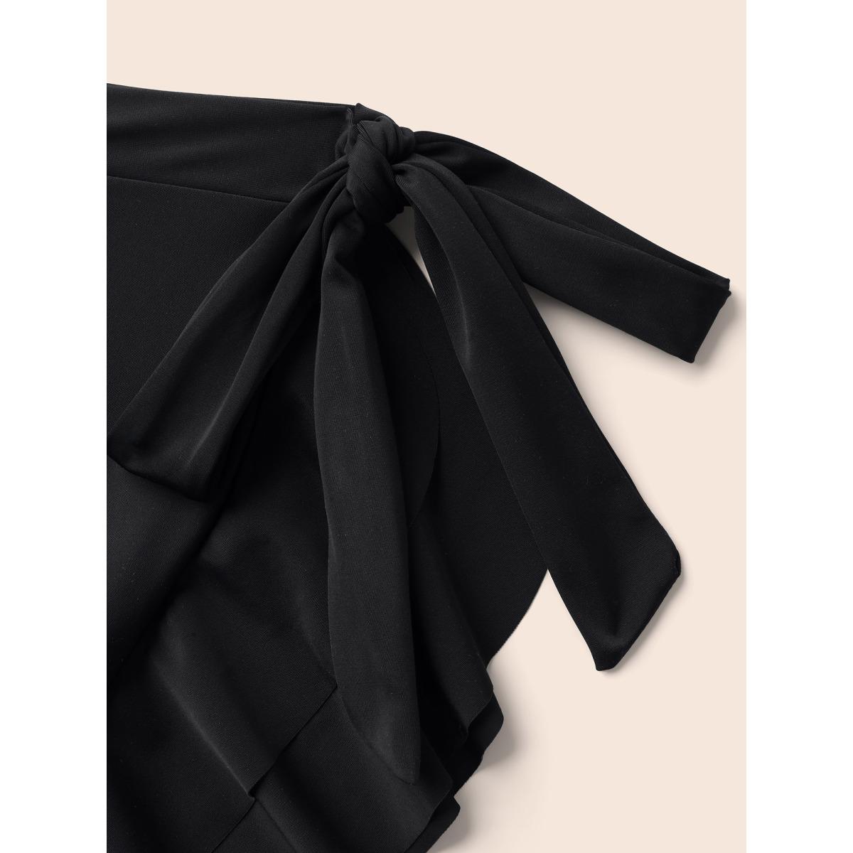 Plus Size Ruched Front Layered 2-in-1 Asymmetrical Hem Swim Dress Women's Swimwear Black Resort Bodycon Heart neckline High stretch Curve Swim Dresses BloomChic 10/M Product Image