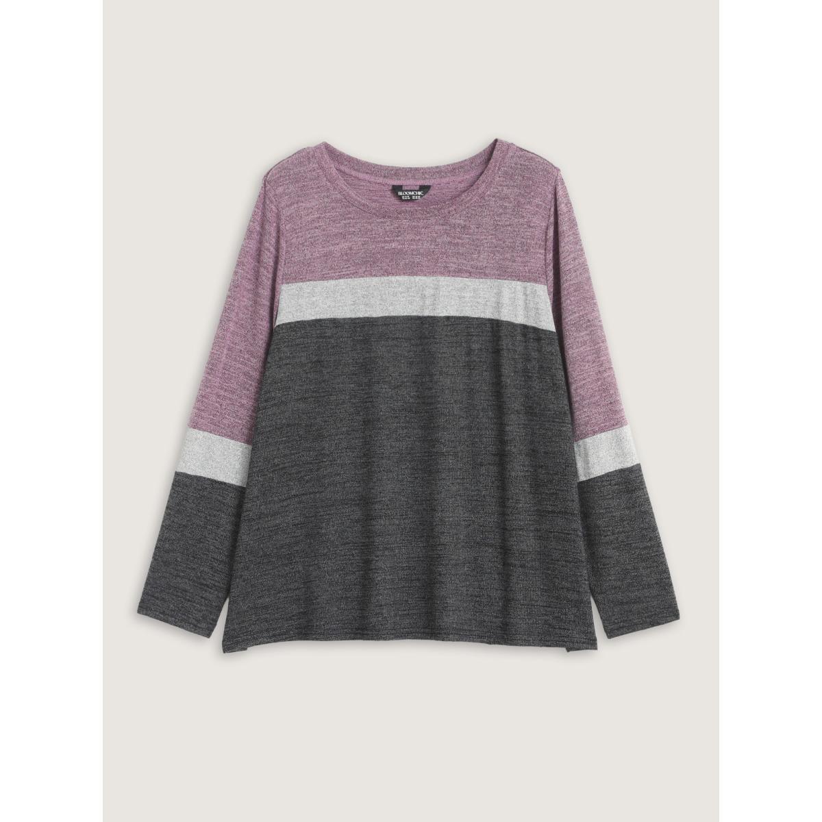 Plus Size Heather Colorblock Contrast Crew Neck T-shirt Black Women Leisure Texture Plain Round Neck Casual T-shirts BloomChic 12/L Product Image