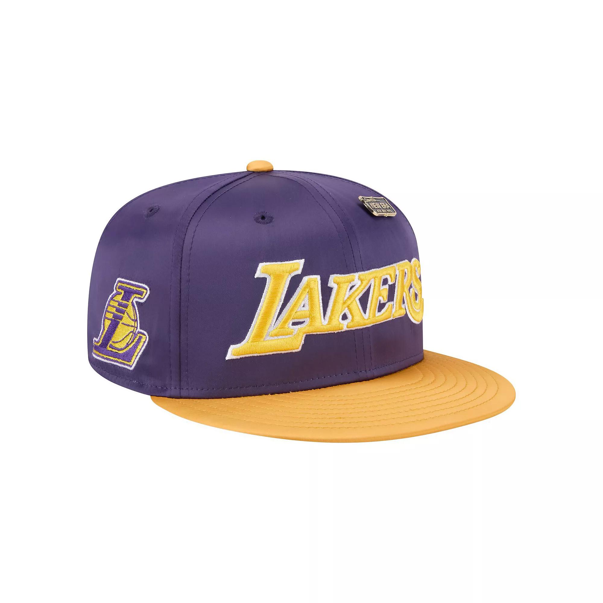 Men's New Era Purple/Gold Los Angeles Lakers Throwback Satin Vintage Pin Two-Tone 59FIFTY Fitted Hat,  Product Image