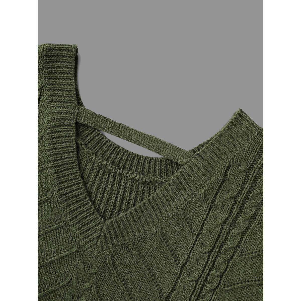 Plus Size Plain Hollow Out Cable Knit Pullover Moss Women Leisure Loose Long Sleeve Round Neck Casual Pullovers BloomChic 28/5X Product Image