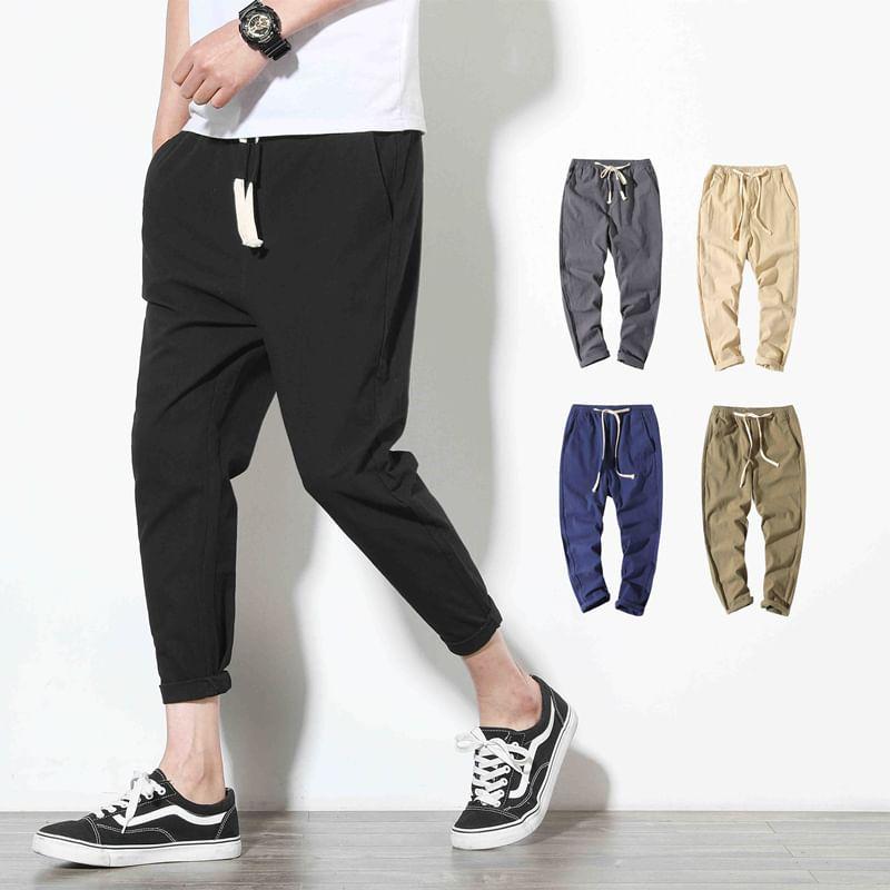 Drawstring Waist Plain Cropped Harem Pants Product Image