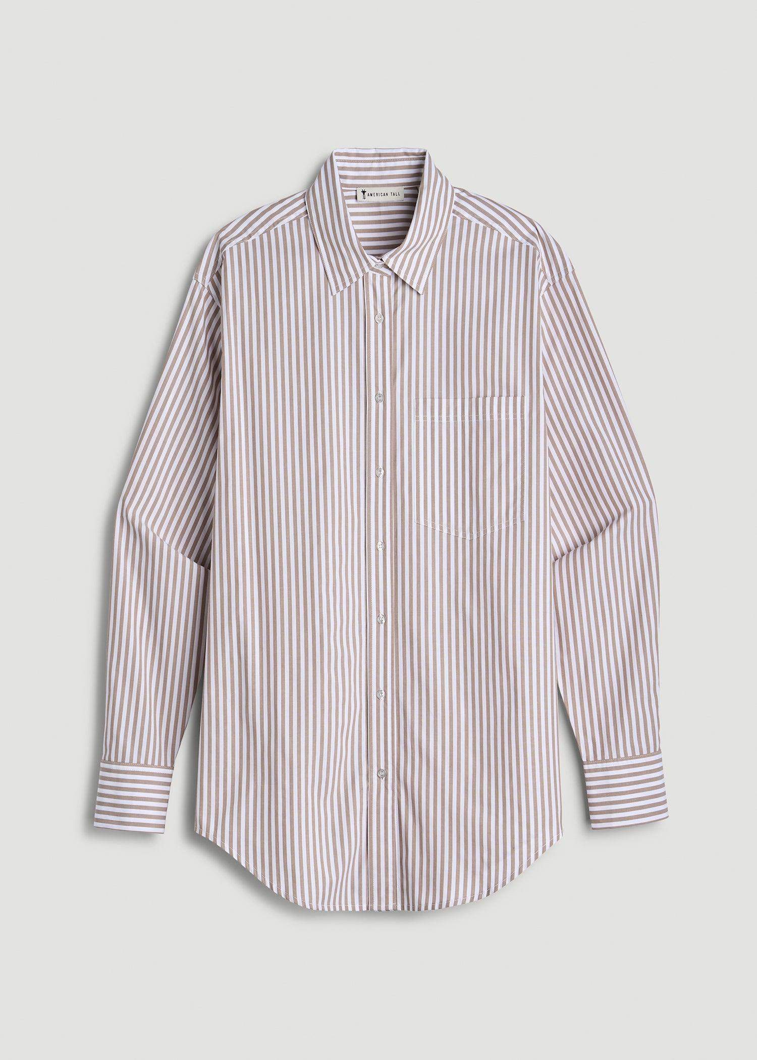 Relaxed Poplin Button-Up Shirt for Tall Women in Brown and White Stripe Female Product Image