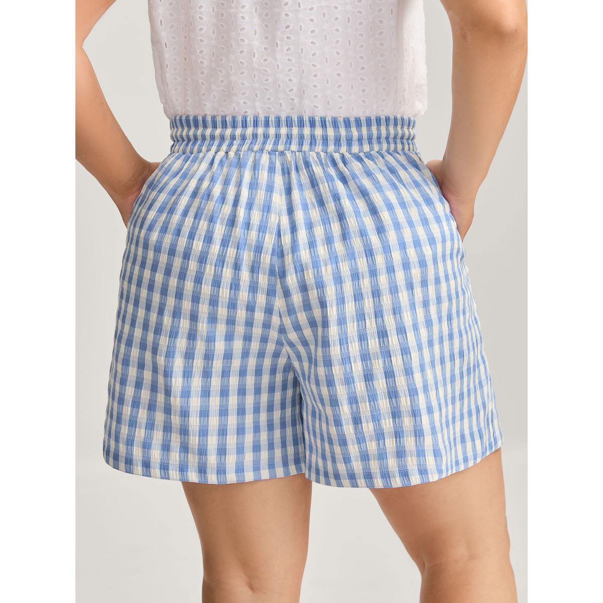 Plus Size Plaid Print Drawstring Wide-Leg Shorts Women LightBlue Casual Drawstring Wide Leg Everyday-Casual Shorts BloomChic 18-20/2X Product Image