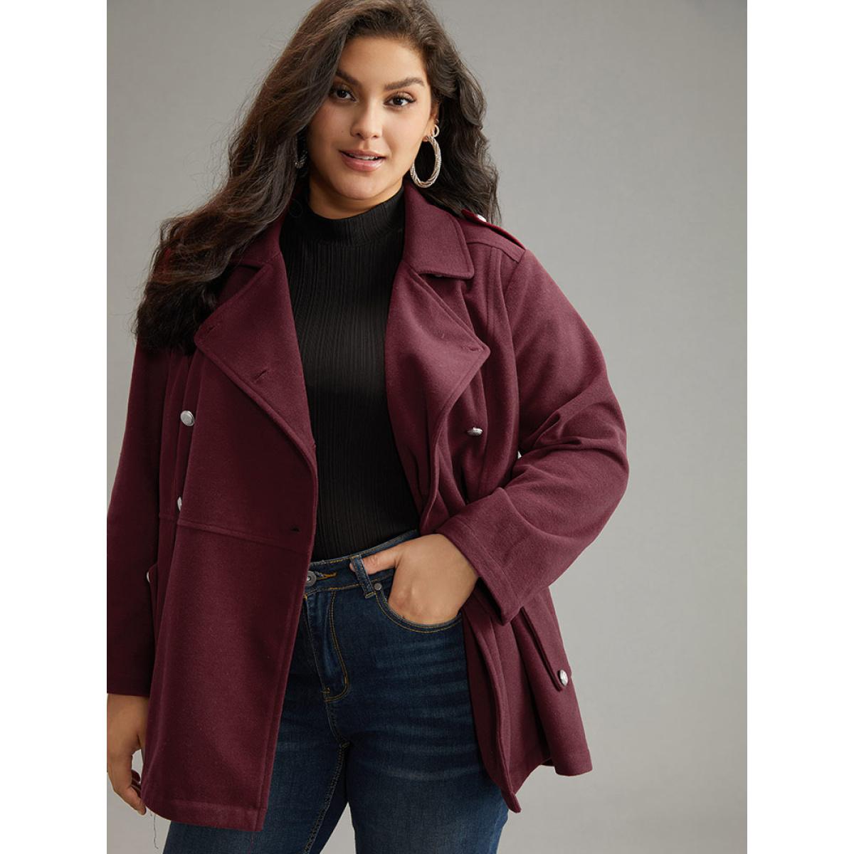 Plus Size Solid Button Detail Pocket Lapel Collar Coat Women Scarlet Casual Plain Ladies Dailywear Winter Coats BloomChic 22-24/3X Product Image