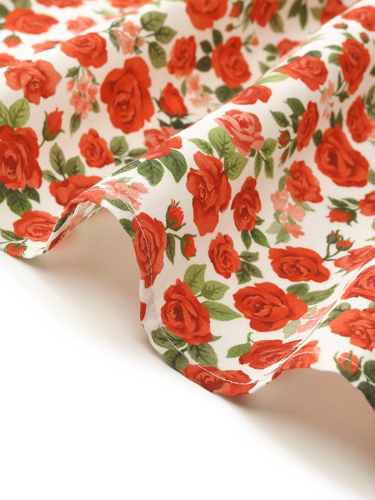 Rose Print Ruffle Sleeves Mandarin Collared Women Mini Dress Product Image