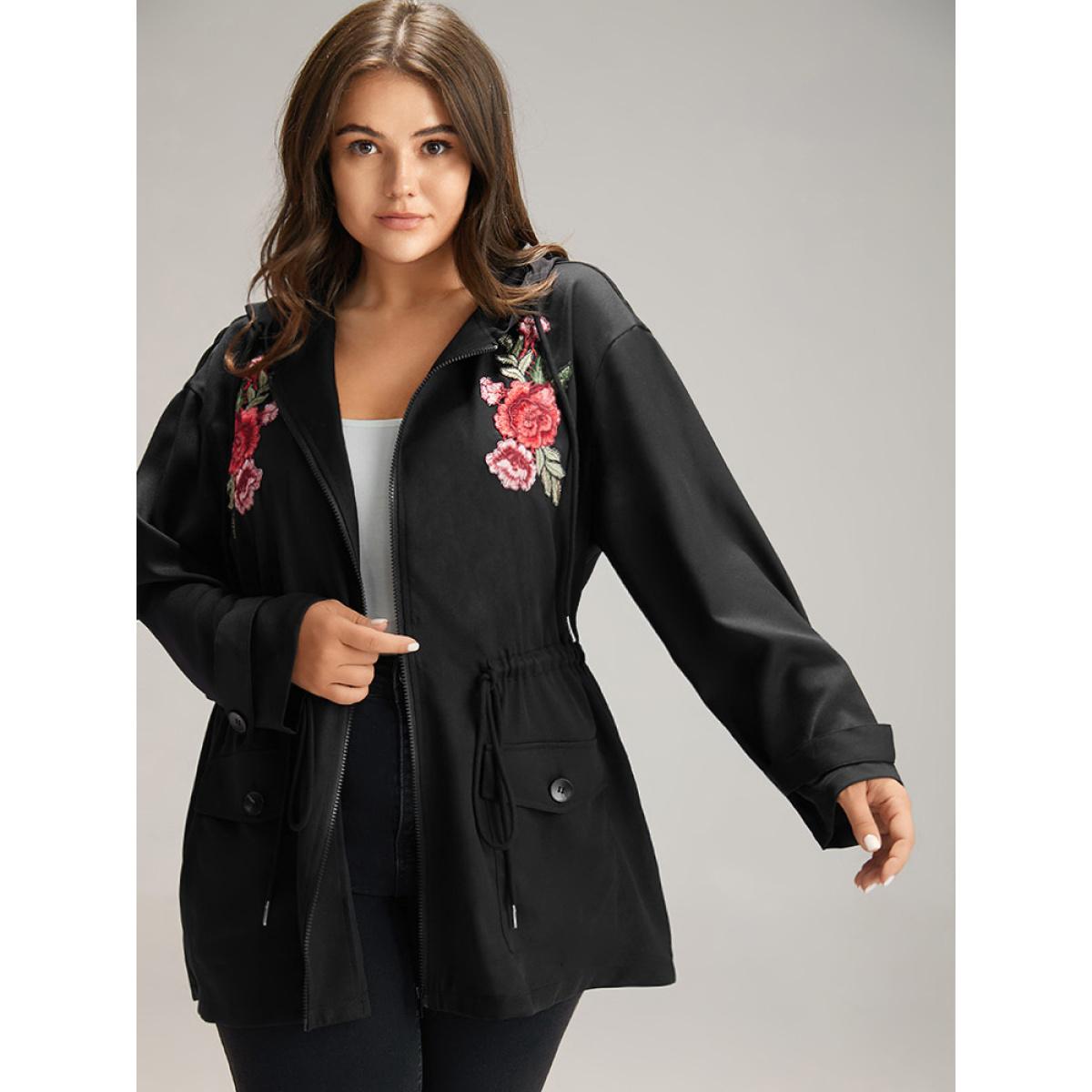 Plus Size Floral Embroidered Elastic Waist Hooded Drawstring Coat Women Black Zipper Pocket Dailywear Jackets BloomChic 12/L Product Image