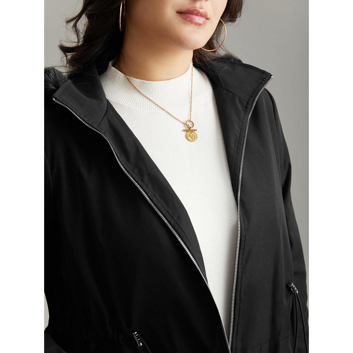 Plus Size Plain Zipper Hooded Pocket Drawstring Coat Women Black Casual Plain Ladies Dailywear Winter Coats BloomChic 28/5X Product Image