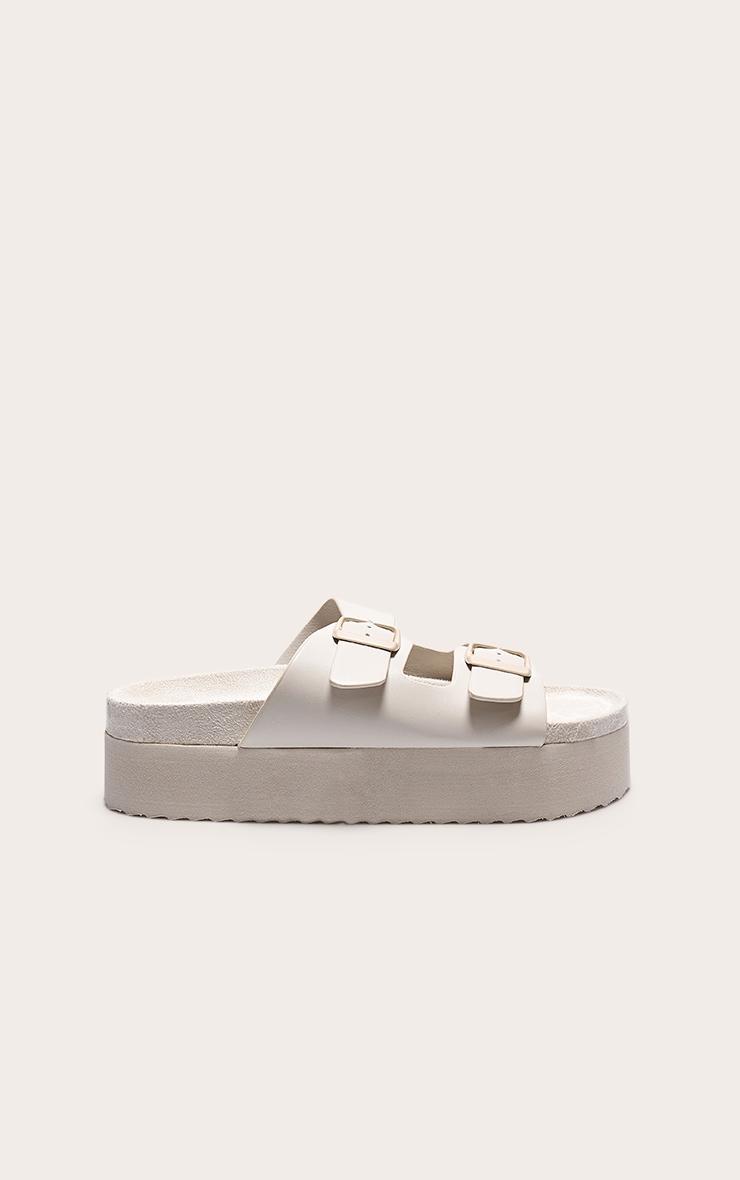 White PU Round Toe Double Buckle Strap Chunky Flat Sandals Product Image
