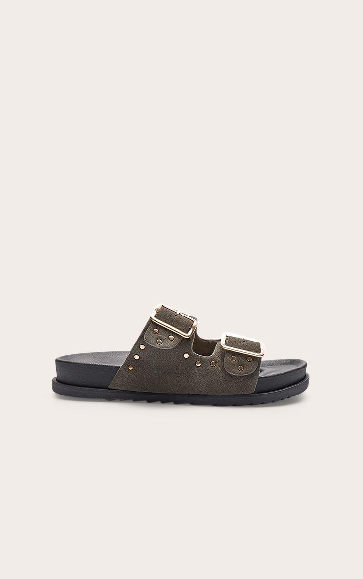 Green Double Buckle Faux Suede Flatbed Sandals Product Image