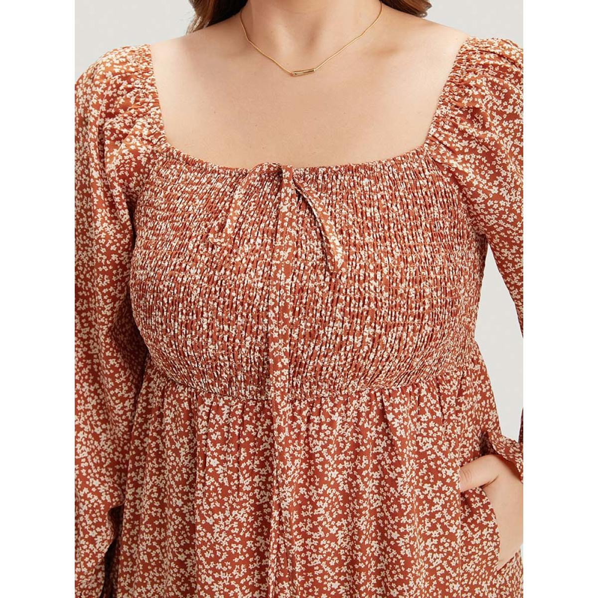 Plus Size Ditsy Floral Pocket Shirred Ties Dress Rust Women Elegant Elastic cuffs Square Neck Long Sleeve Curvy Midi Dress BloomChic 26/4X Product Image