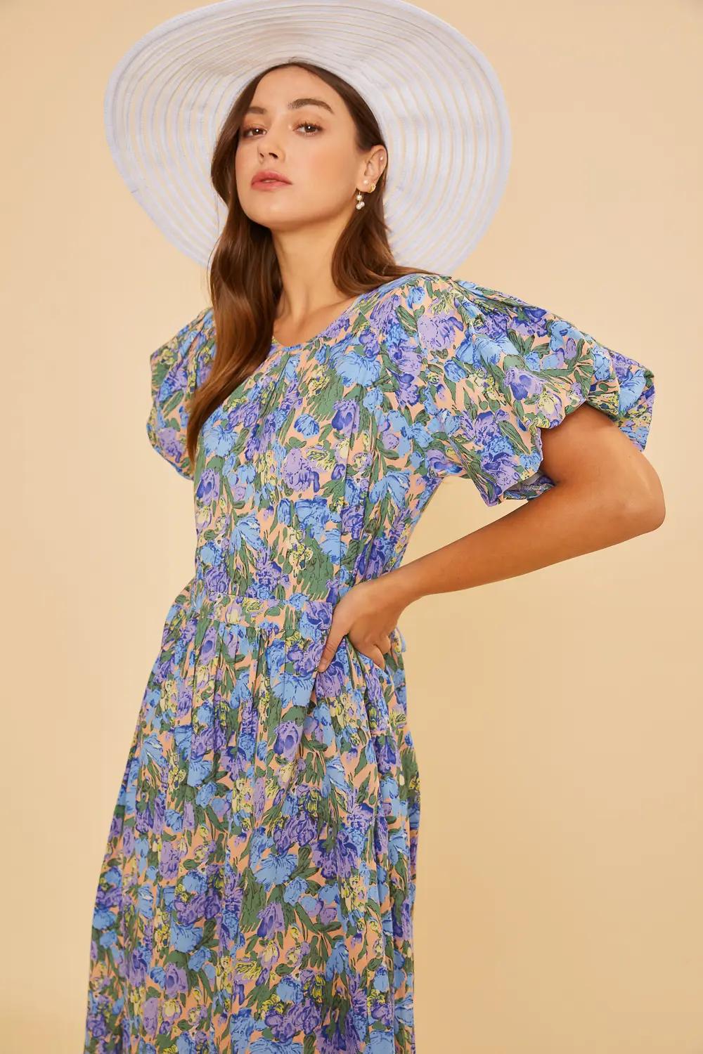 Garden Floral Puff Midi Dress Product Image