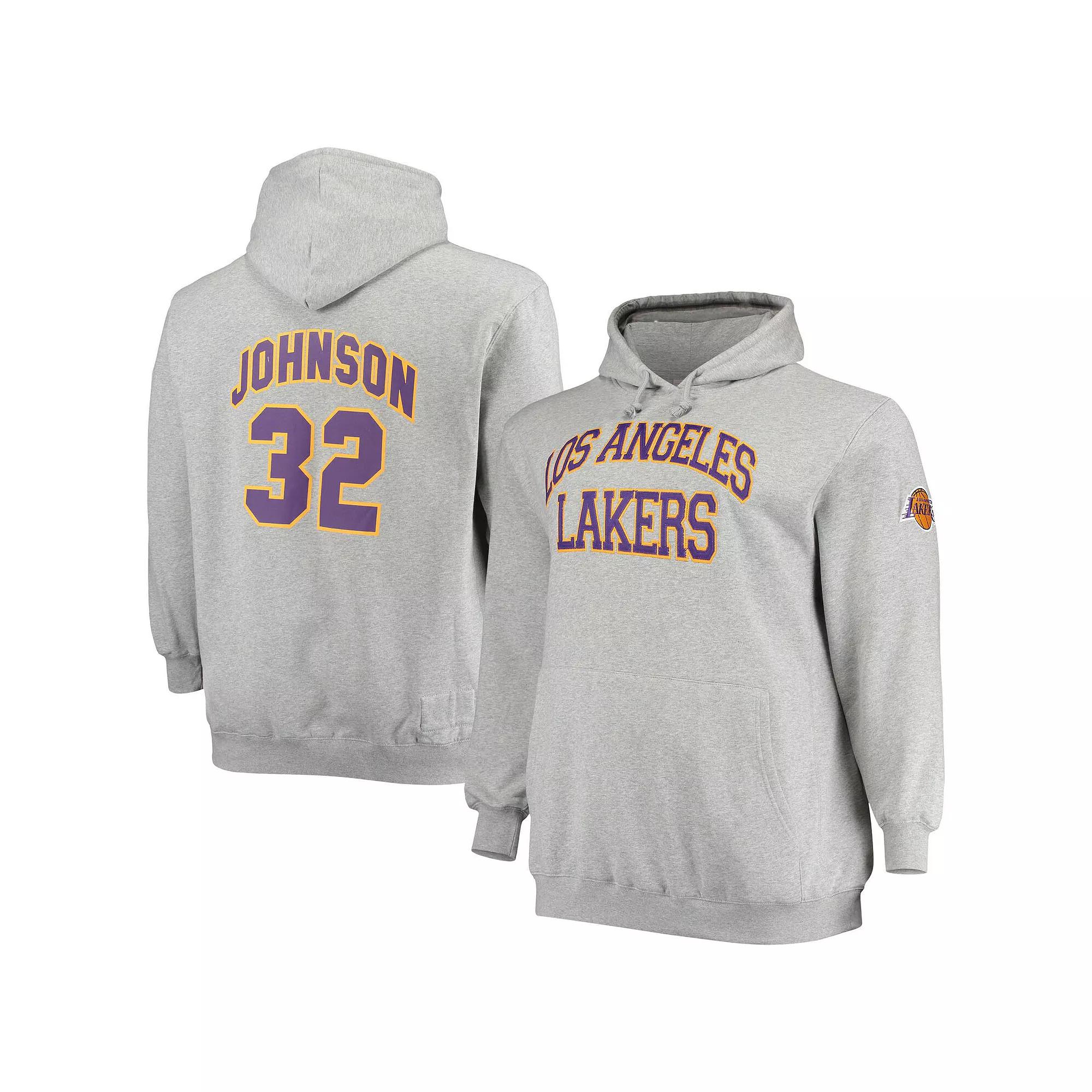Men's Mitchell & Ness Magic Johnson Heathered Gray Los Angeles Lakers Big & Tall Name & Number Pullover Hoodie, Size: 4XLT, Grey Product Image